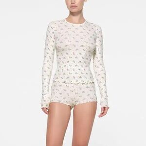 Skims Logo Pointelle Long Sleeve in Marble Floral Print